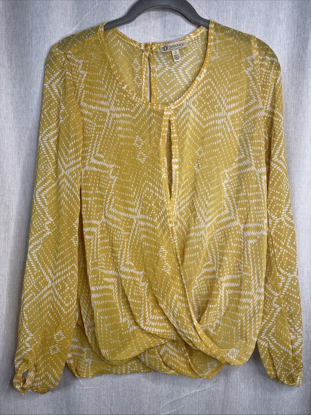Democracy Mustard Sheer Top Women’s Size Small - Long Sleeve - Autumn/Fall